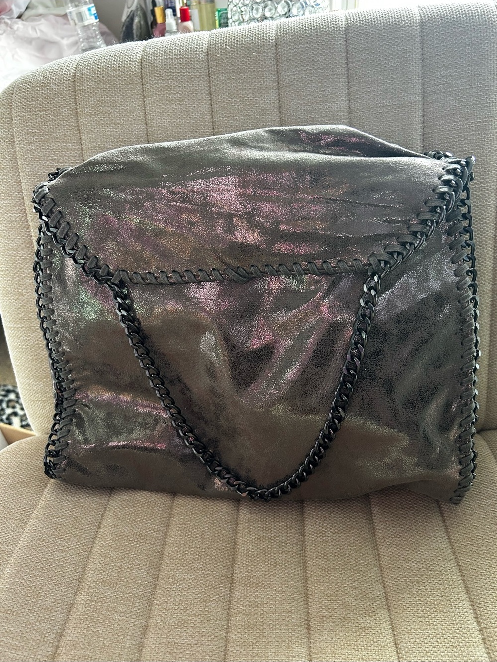Metallic Pewter Gunmetal Chain Shoulder Tote Bag